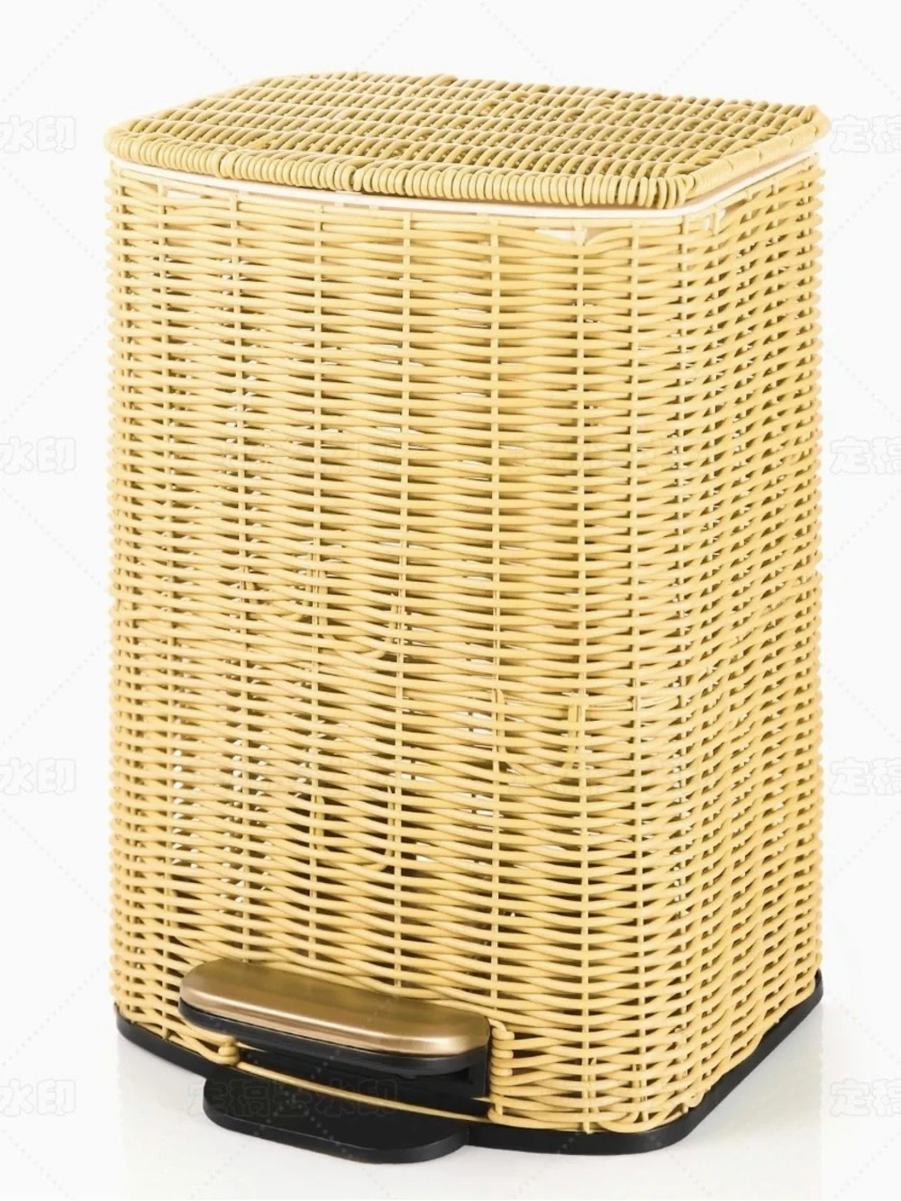 Handwoven Faux Rattan Trash Can Wicker Soft Slow Close Lid, Gold Tone Foot Pedal